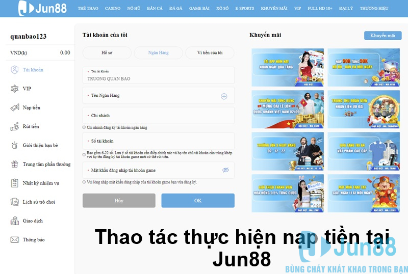 Thao tác thực hiện nạp tiền tại Jun88